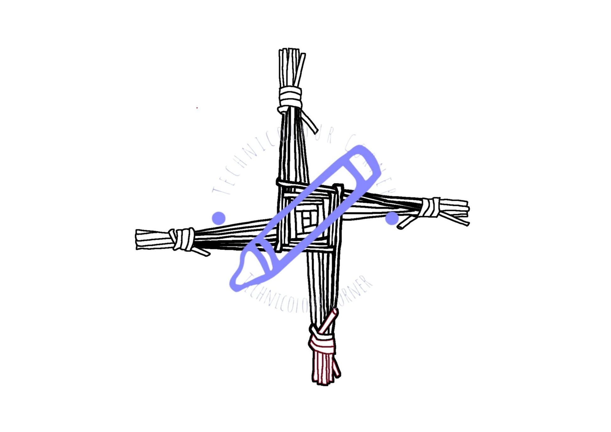 Line drawing of a coloring page featuring two stylized figures resembling St. Brigid and St. Brigid's Day motifs.
