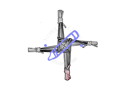 Line drawing of a coloring page featuring two stylized figures resembling St. Brigid and St. Brigid's Day motifs.