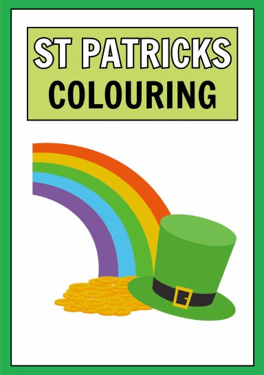 Cover of the St. Patrick's Day Coloring Book featuring a rainbow, shamrock, and a green leprechaun hat with gold coins.