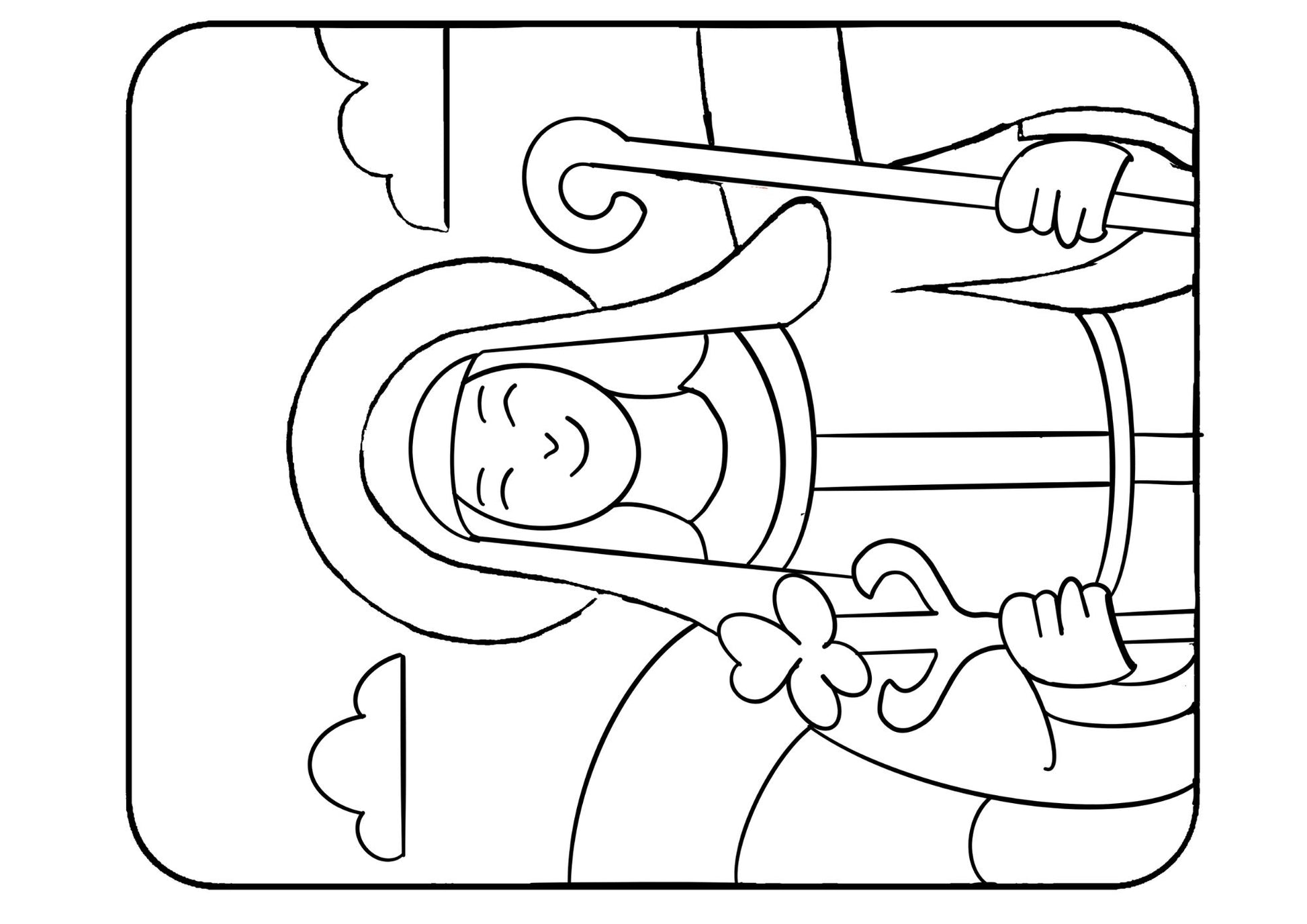 Black and white line art illustration of a robed figure holding a staff, shown inside a rounded rectangular border on a white background.