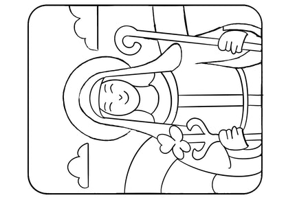 Black and white line art illustration of a robed figure holding a staff, shown inside a rounded rectangular border on a white background.