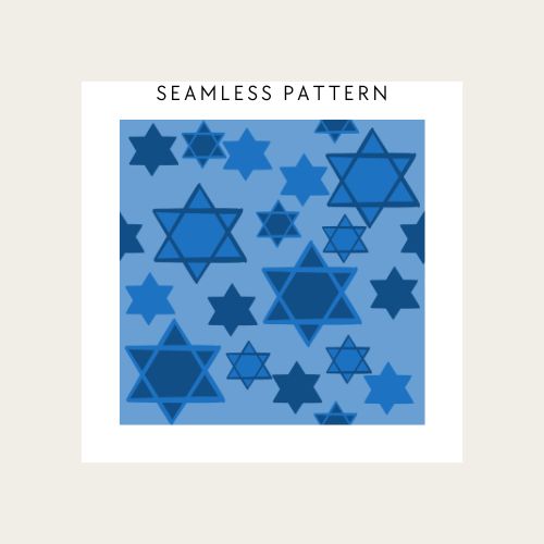 Pattern of blue Star of David shapes on a blue background with 'Seamless Pattern' text.