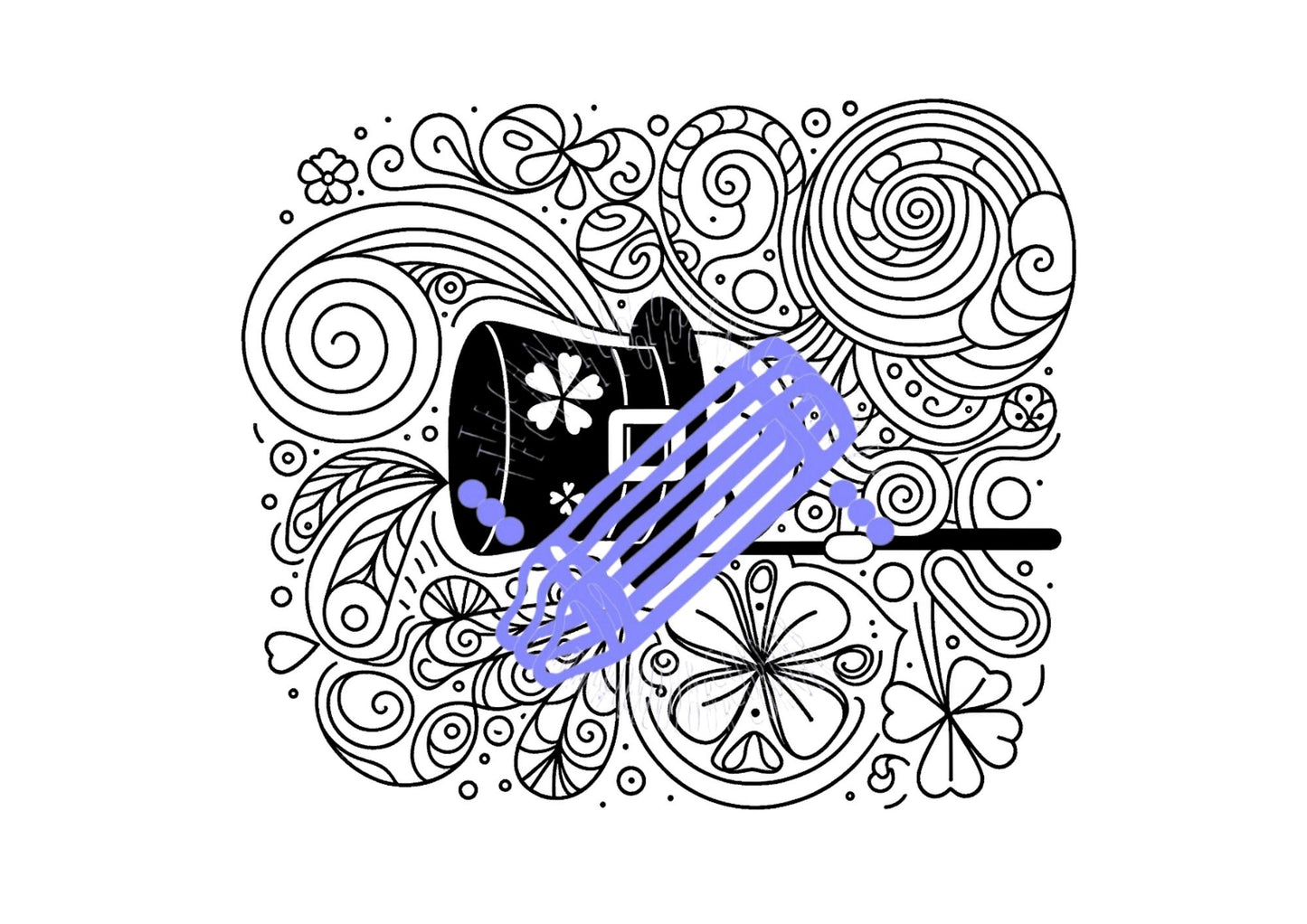 A colouring page with a whimsical black and white illustration featuring St. Patrick's Day themes, such as a leprechaun, shamrocks, and rainbows, with a section coloured in purple.