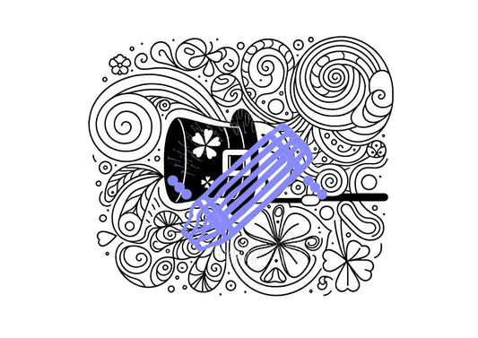 A colouring page with a whimsical black and white illustration featuring St. Patrick's Day themes, such as a leprechaun, shamrocks, and rainbows, with a section coloured in purple.