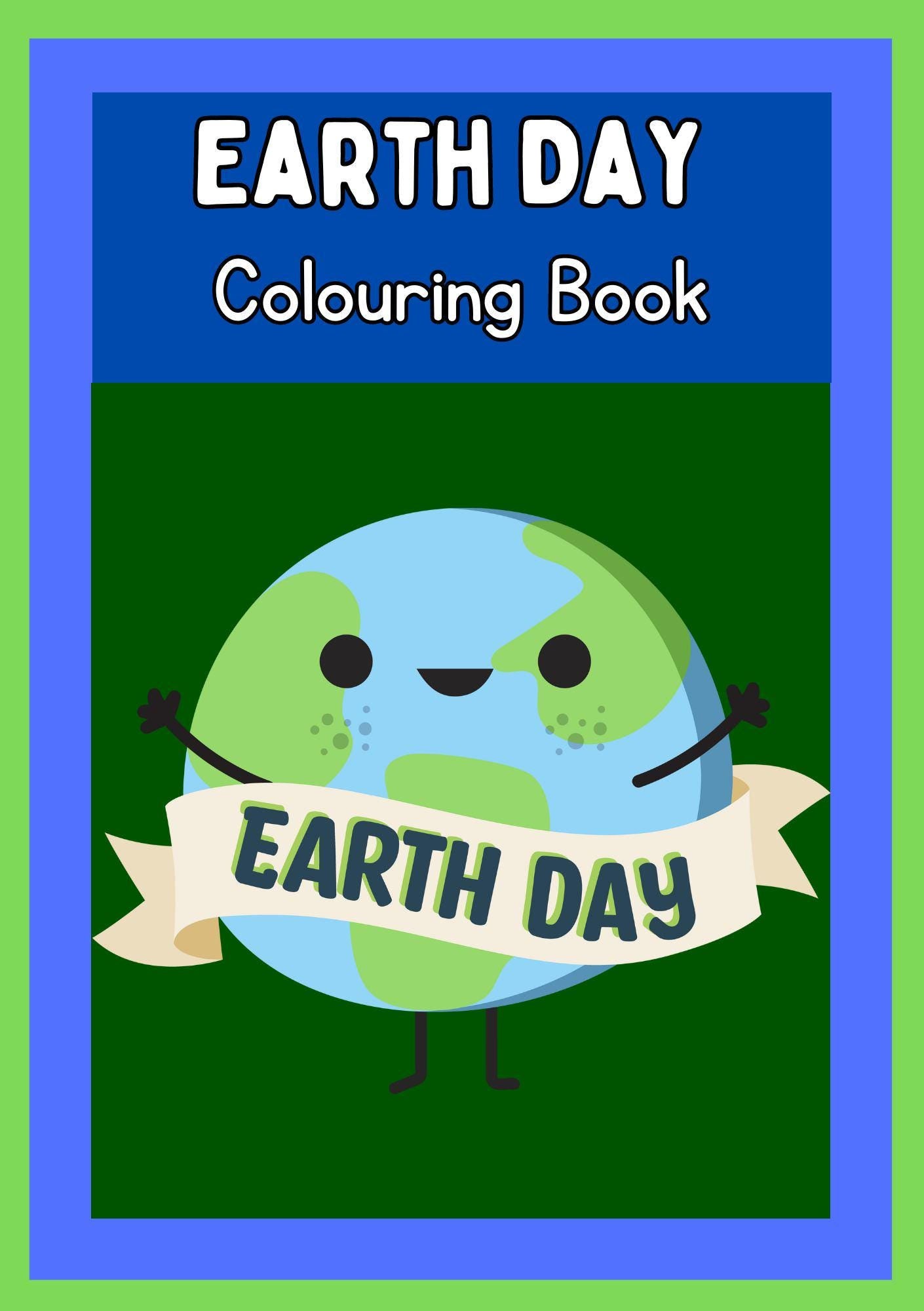 Cover of a digital colouring book for kids celebrating Earth Day, featuring a cartoon image of the Earth with a banner from Technicolour Corner