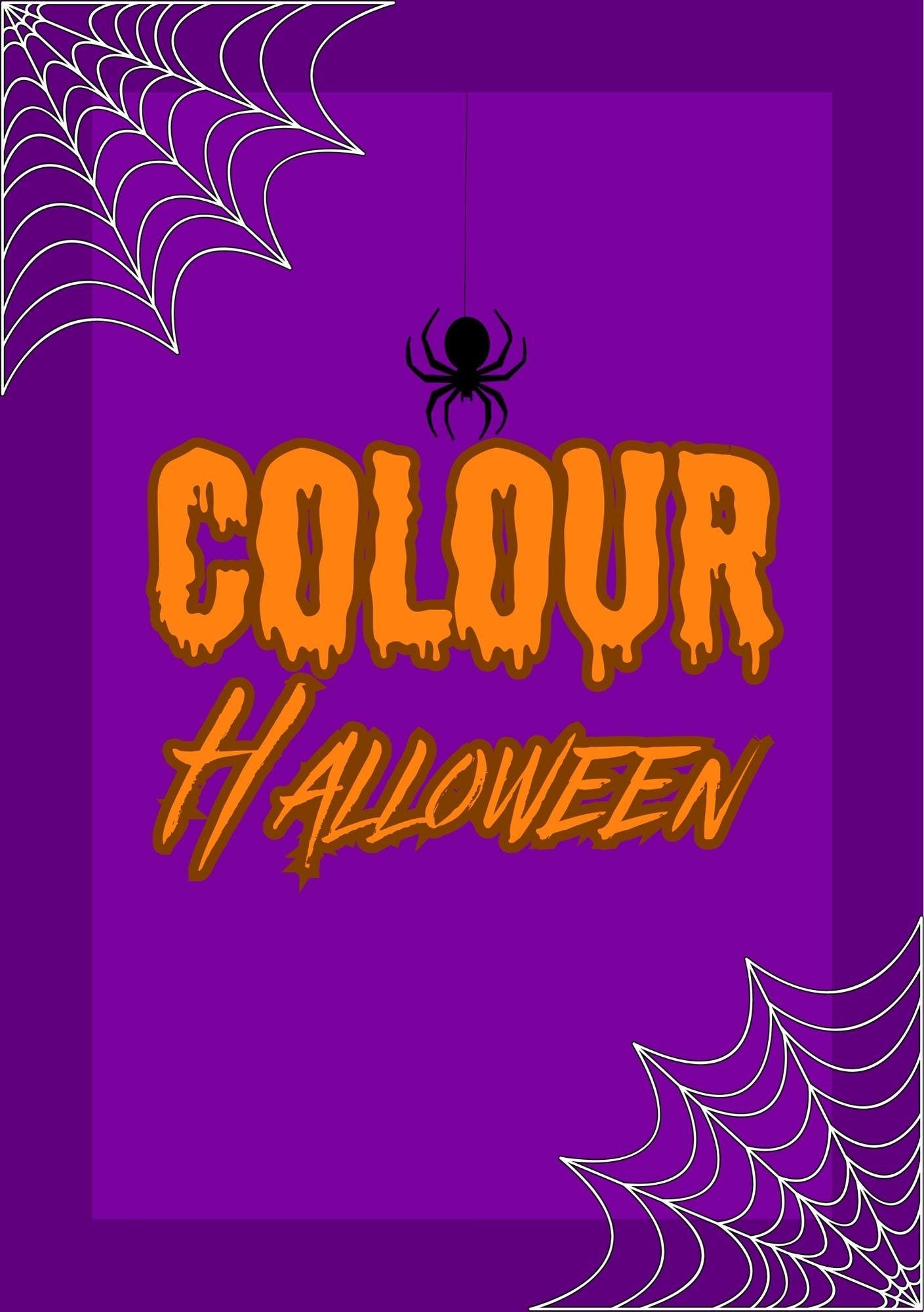 A cover image of a Halloween-themed digital coloring book with the title 'COLOUR Halloween' displayed in orange and black text on a purple background, adorned with spider webs and a spider illustration.
