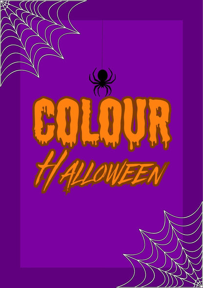 A cover image of a Halloween-themed digital coloring book with the title 'COLOUR Halloween' displayed in orange and black text on a purple background, adorned with spider webs and a spider illustration.