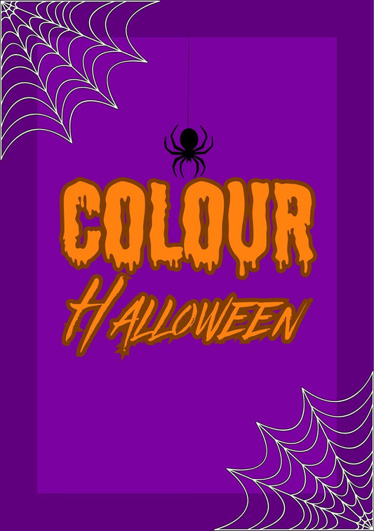 A cover image of a Halloween-themed digital coloring book with the title 'COLOUR Halloween' displayed in orange and black text on a purple background, adorned with spider webs and a spider illustration.