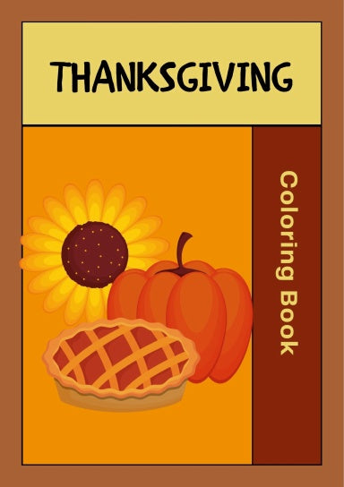 Thanksgiving themed colouring book cover showing a sunflower, pumpkin, and pie.