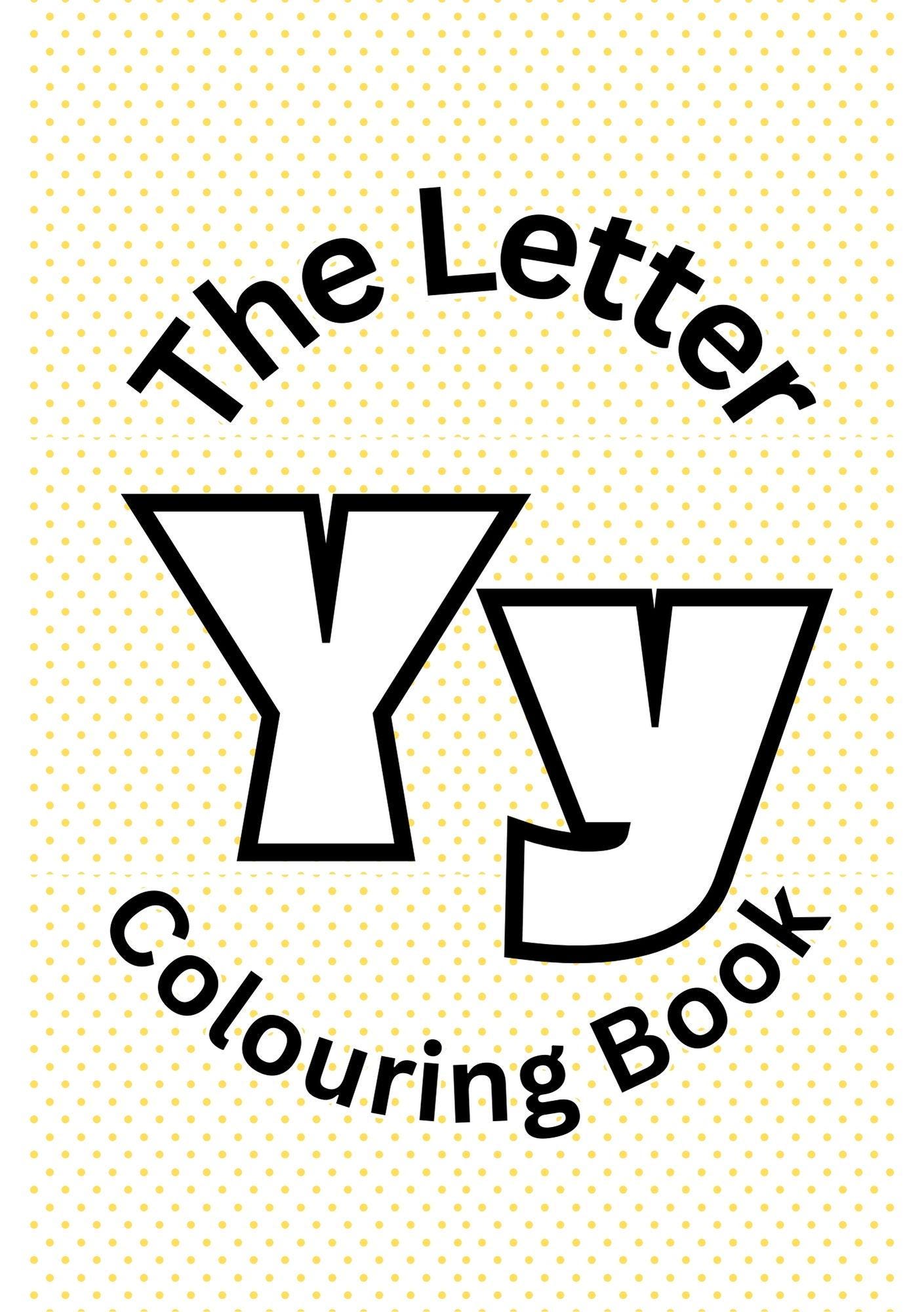 Cover of 'The Letter Y Colouring Book' featuring stylized letter Y's and a colorful background.