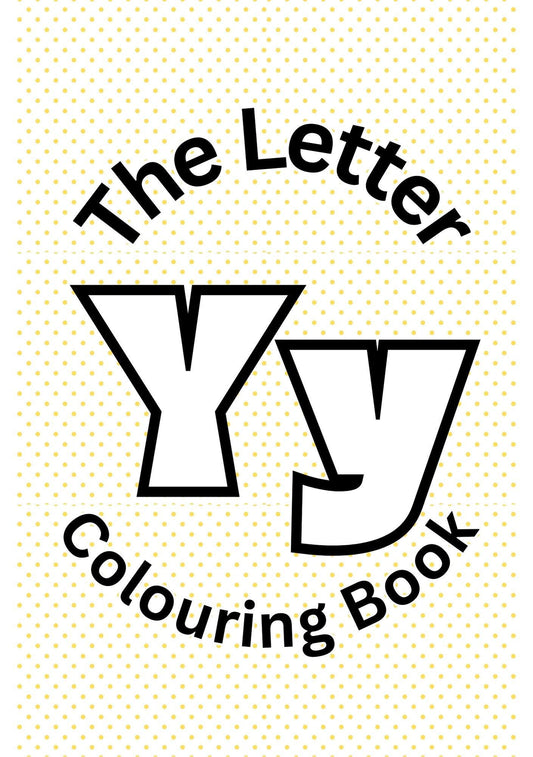 Cover of 'The Letter Y Colouring Book' featuring stylized letter Y's and a colorful background.