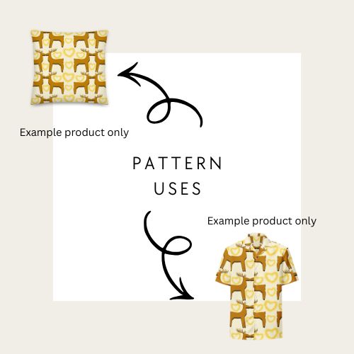Reindeer and golden tinsel heart christmas seamless Pattern application on a pillow and shirt with text 'Example product only' and 'Pattern Uses'.