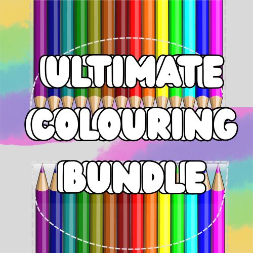 Colorful pencils with 'Ultimate Colouring Bundle' text on a gradient background for the colouring pages pack from technicolour corner