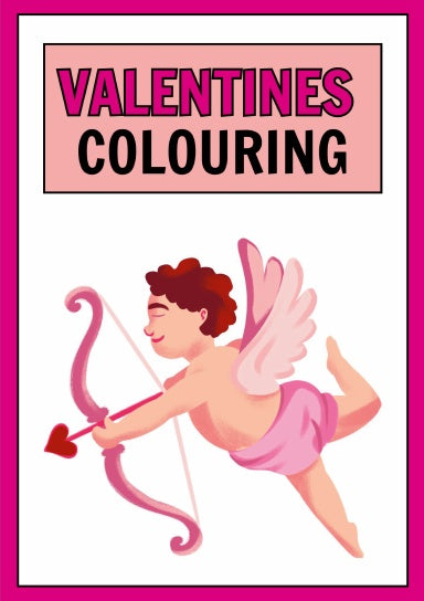 Pink framed colouring book cover for valentines day showing a cupid firing an arrow with a heart shaped arrow