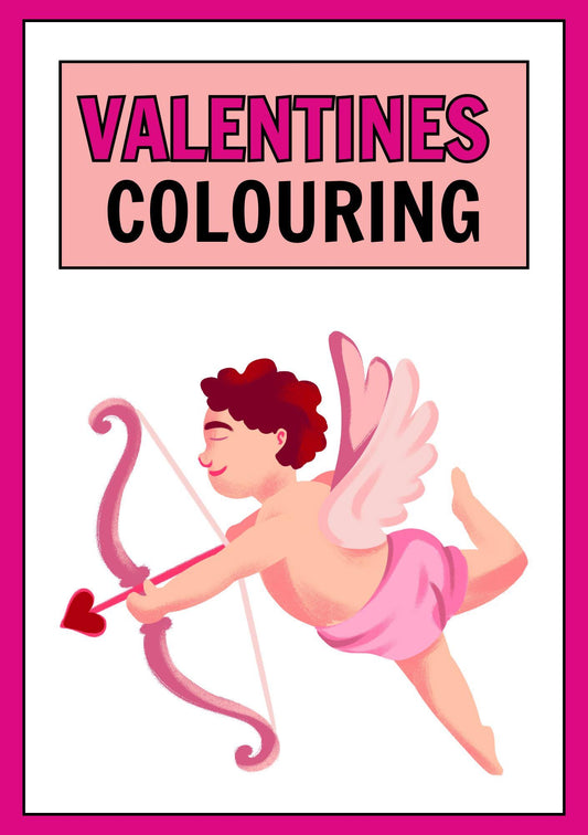 A pink framed digital Valentine's Day colouring book cover featuring a cartoon illustration of a cupid shooting a heart arrow from technicolour corner