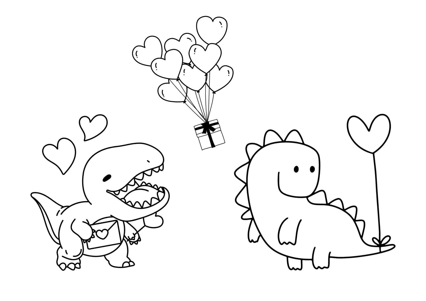 A set of three digital coloring pages for Valentine's Day, featuring playful dinosaur characters with heart-shaped balloons and a gift box.