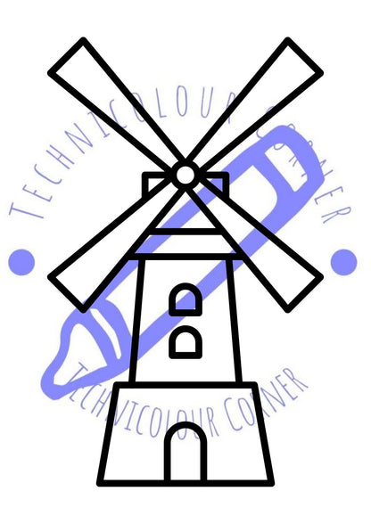 Colouring page of a windmill