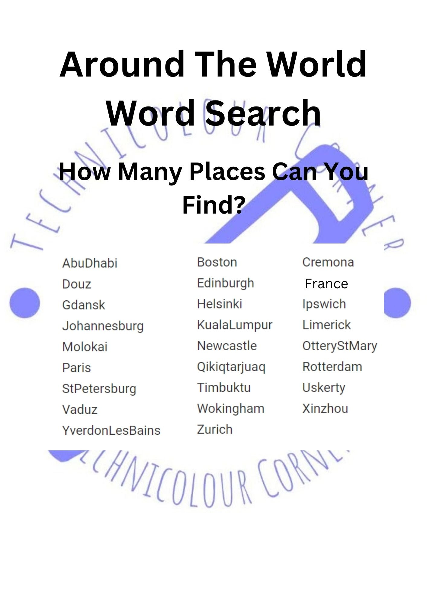 Word search from the activity book for the hospital stays