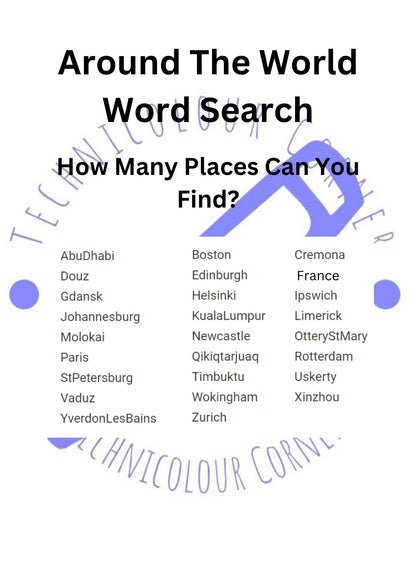 Word search from the activity book for the hospital stays