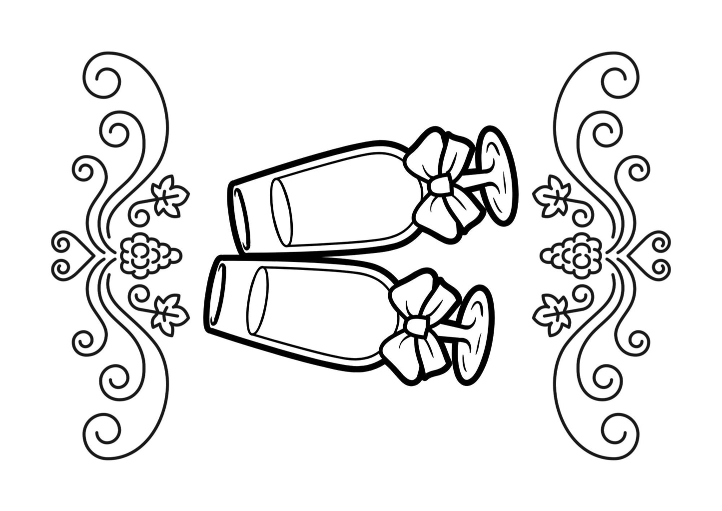 Black and white illustration of two champagne glasses with bows and decorative swirls for world wine day