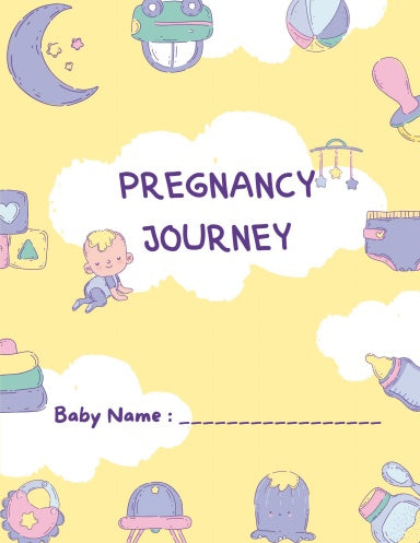 A cover of a pregnancy and baby scan journal with a yellow background, featuring cartoon illustrations such as a baby, moon, and stork, and the title 'Pregnancy Journey' with a space for a baby name.
