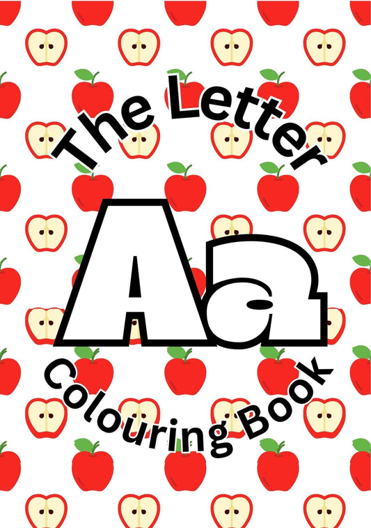 Cover of 'The Letter A Colouring Book' featuring a repeated pattern of the letter 'A' with apples filling the background.