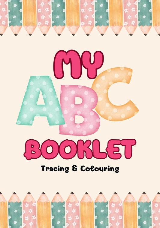 Cover of a coloring book titled 'My ABC Booklet' with a colorful background and letters A, B, and C in bold letters.