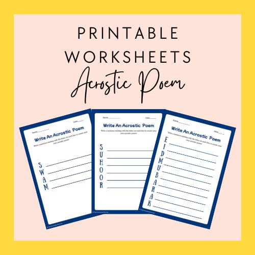 Three printable acoustic poem worksheets on a pink background with text 'Printable Worksheets Acrostic Poem'.