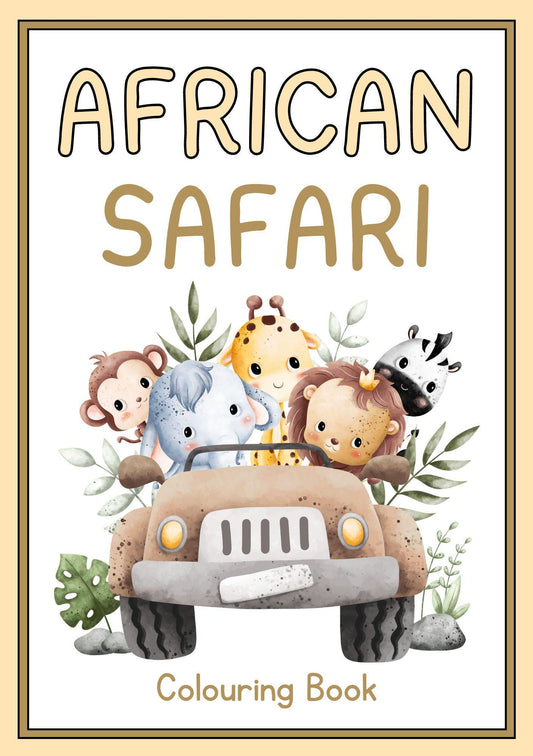 Cover of the African Safari Colouring Book featuring an illustration of a group of safari animals sitting on a car, including a lion, monkey, giraffe, and hippopotamus, with leaves and trees in the background.