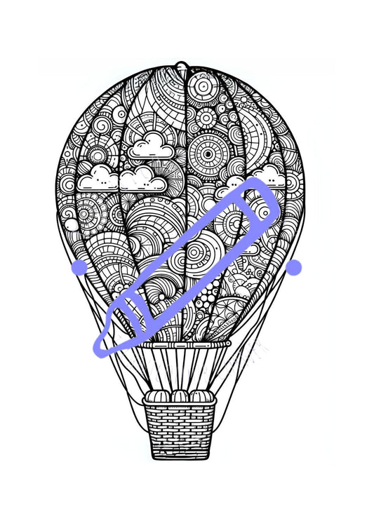 A coloring page featuring a detailed line drawing of a hot air balloon with intricate patterns and designs.