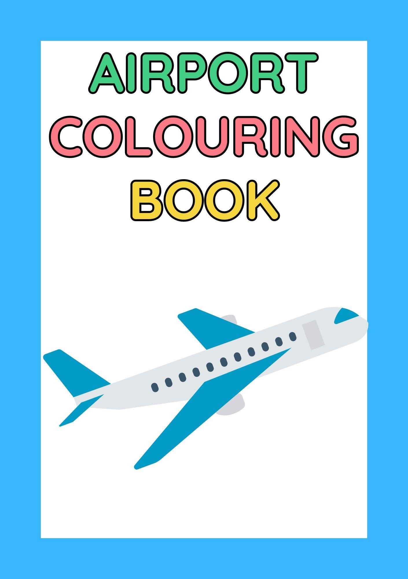 Cover of the 'Airport Colouring Book' featuring a cartoon airplane on a blue background with title text.