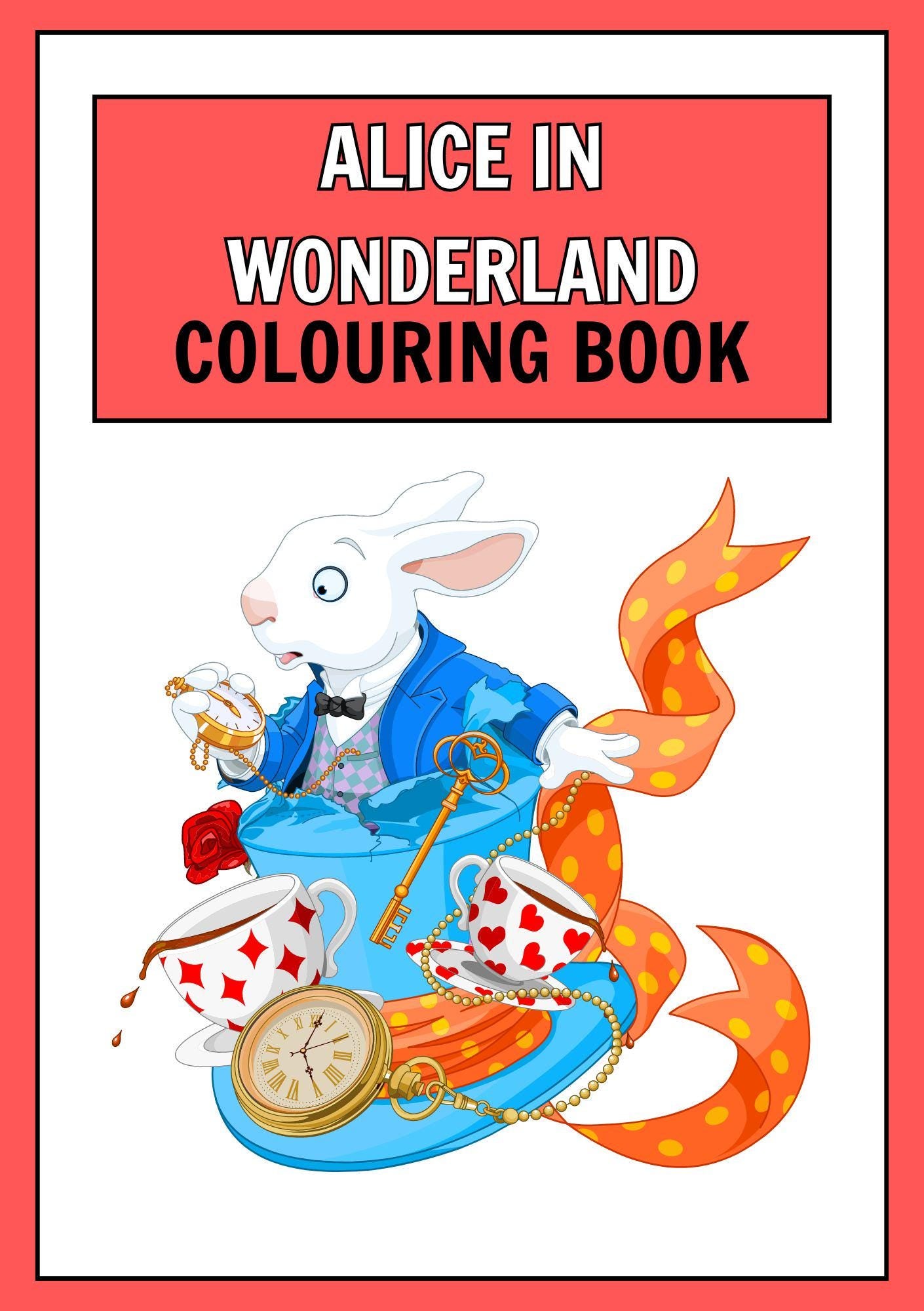 Cover of the Alice in Wonderland digital colouring book with an illustration of the white rabbit from the story.