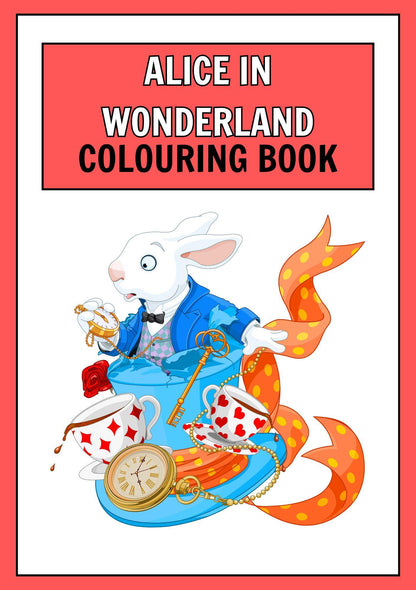 Cover of the Alice in Wonderland digital colouring book with an illustration of the white rabbit from the story.