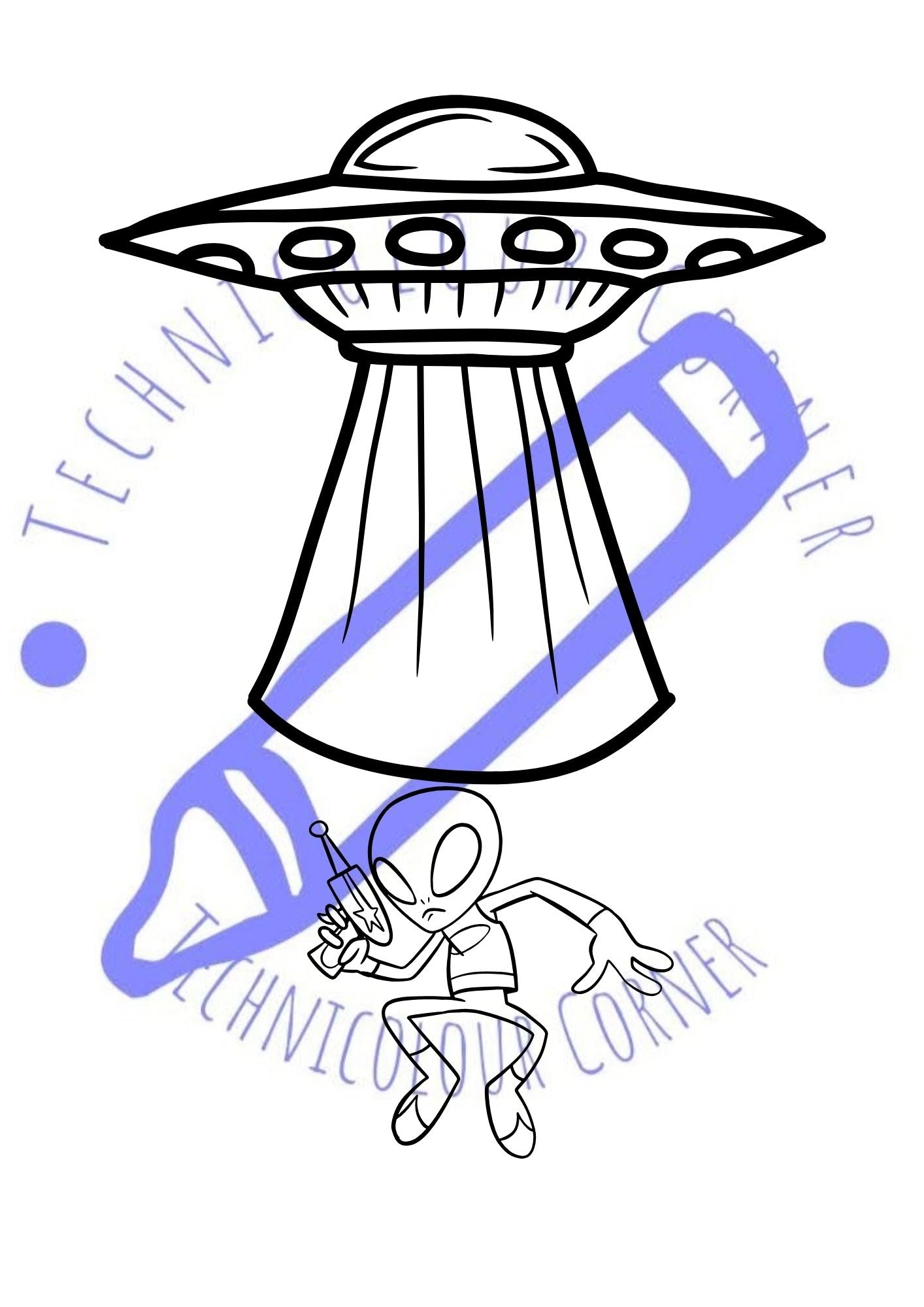 a colouring page of a space ship beaming up an alien