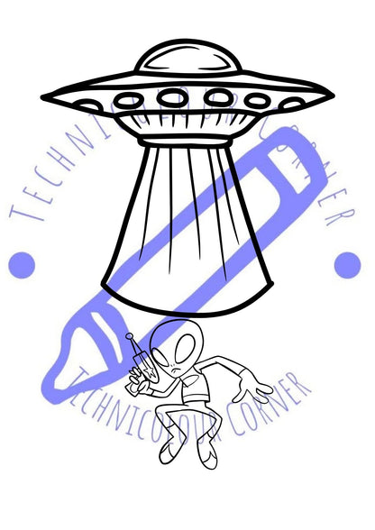 a colouring page of a space ship beaming up an alien