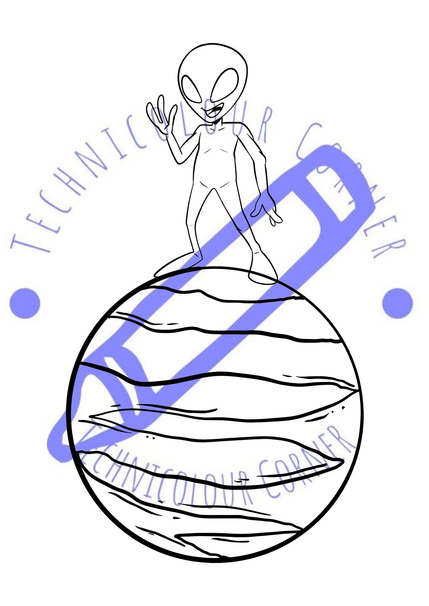 an alien standing on a planet colouring page