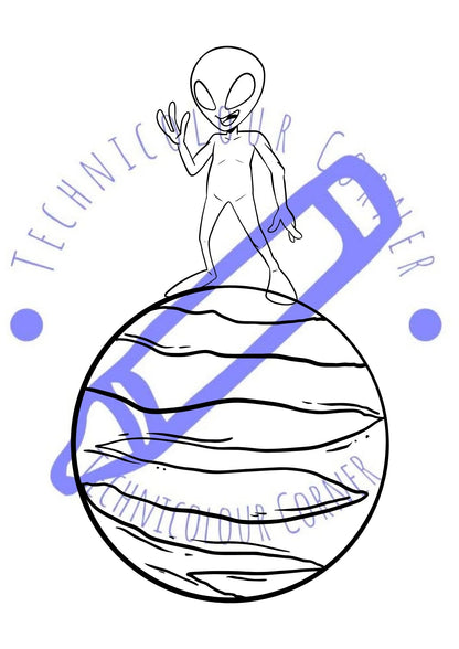 an alien standing on a planet colouring page