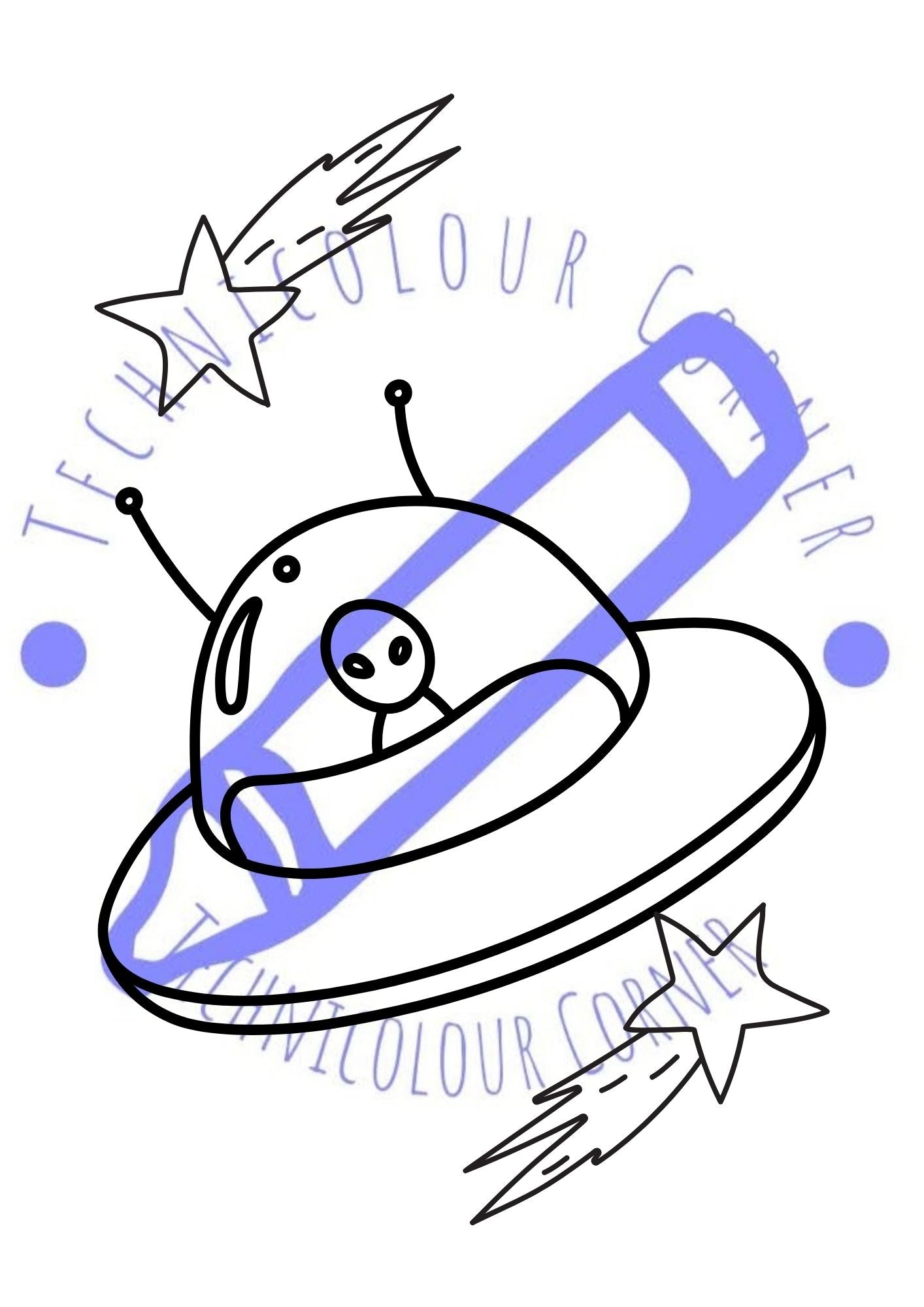 a colouring page of an alien space ship with a pair of shooting stars