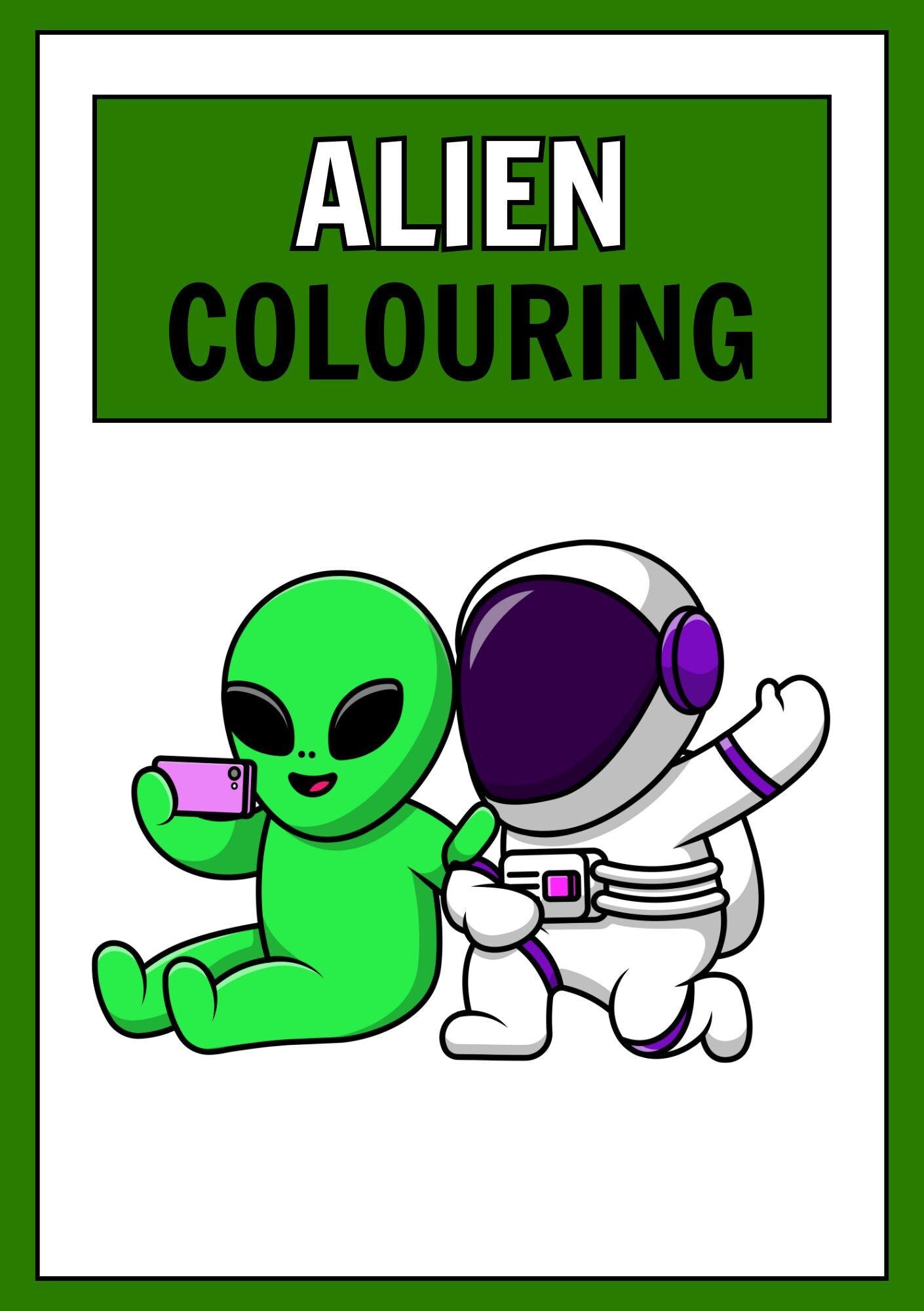 Cover of the Alien Digital Colouring Book featuring an illustration of a green alien and a astronaut in space suits.