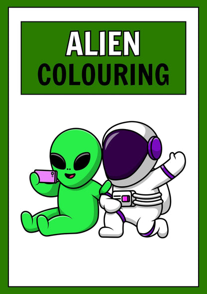 Cover of the Alien Digital Colouring Book featuring an illustration of a green alien and a astronaut in space suits.