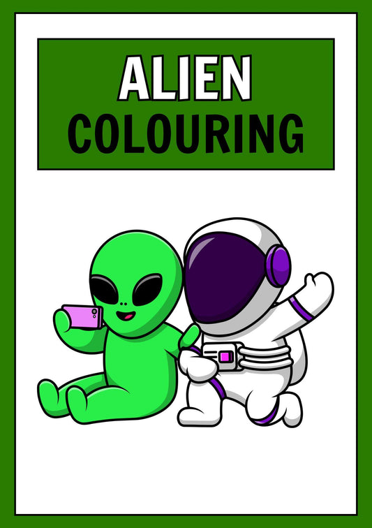 Cover of the Alien Digital Colouring Book featuring an illustration of a green alien and a astronaut in space suits.