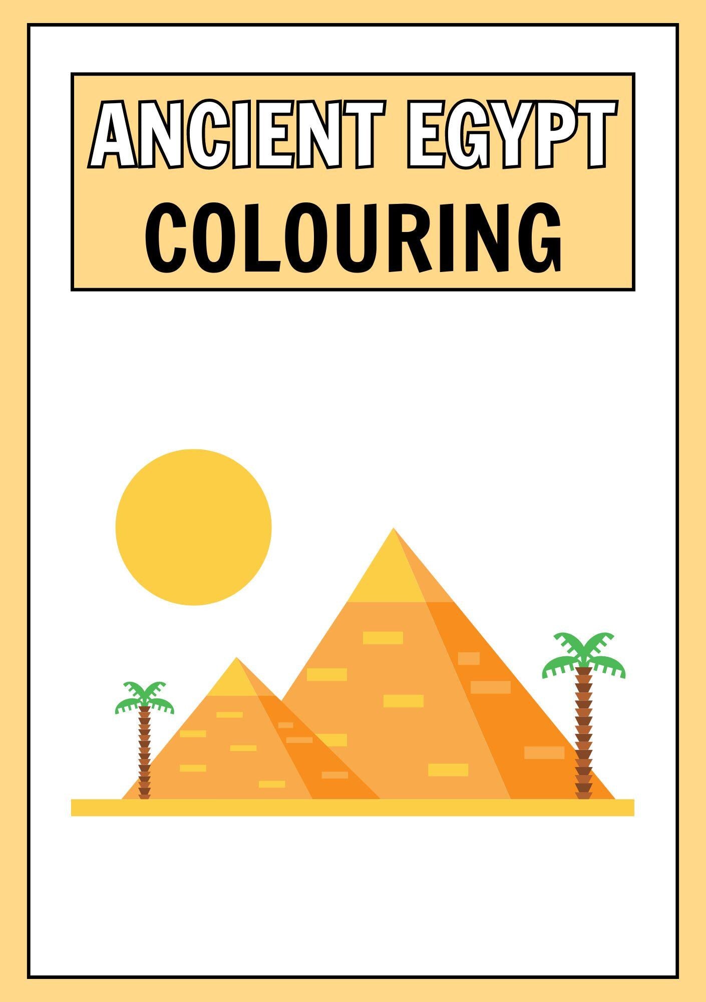 Cover of a Ancient Egypt themed colouring book with illustrations of pyramids, sun, and palm trees.