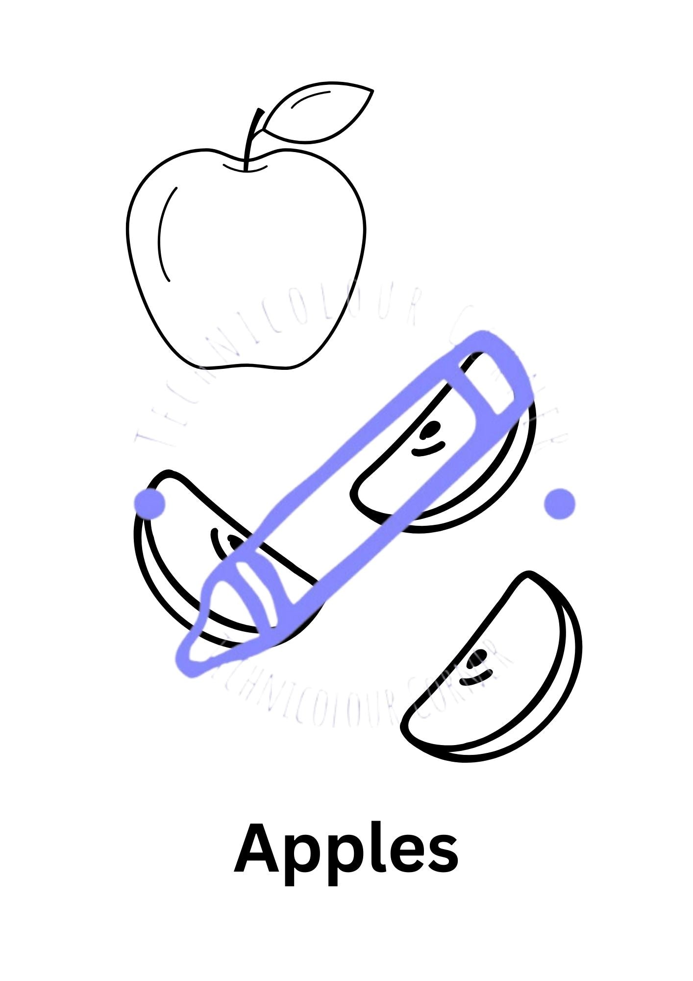 a colouring page of an apple and three slices