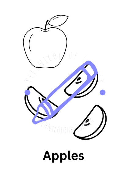 a colouring page of an apple and three slices