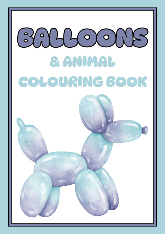 Cover of a coloring book titled 'Balloons & Animal Colouring Book' featuring a drawing of a balloon animal.