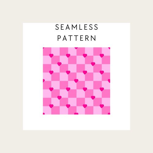 Pink heart pattern with 'Seamless Pattern' text on a beige background