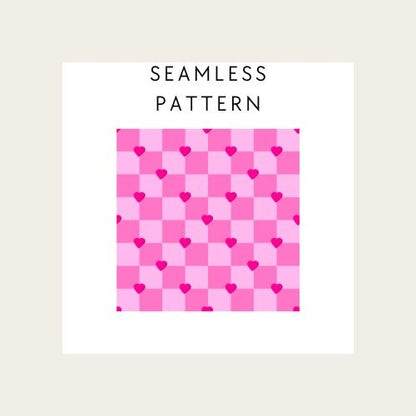 Pink heart pattern with 'Seamless Pattern' text on a beige background