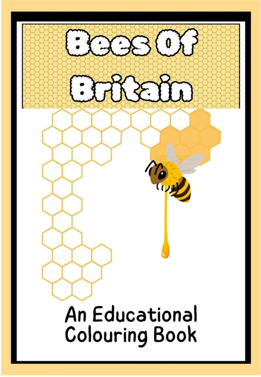 Cover of the 'Bees Of Britain' educational coloring book featuring a drawing of a bee with honeycomb patterns.
