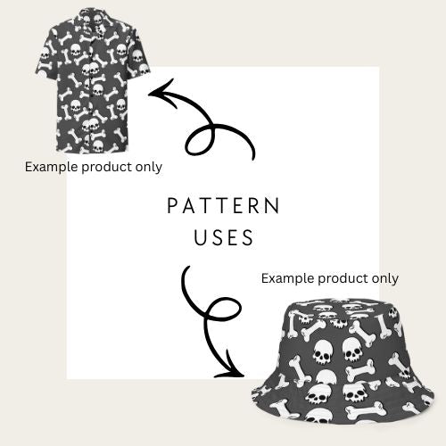 Skull and bone pattern on a shirt and bucket hat with text indicating 'Pattern Uses' showing how to us the skull and bone seamless file