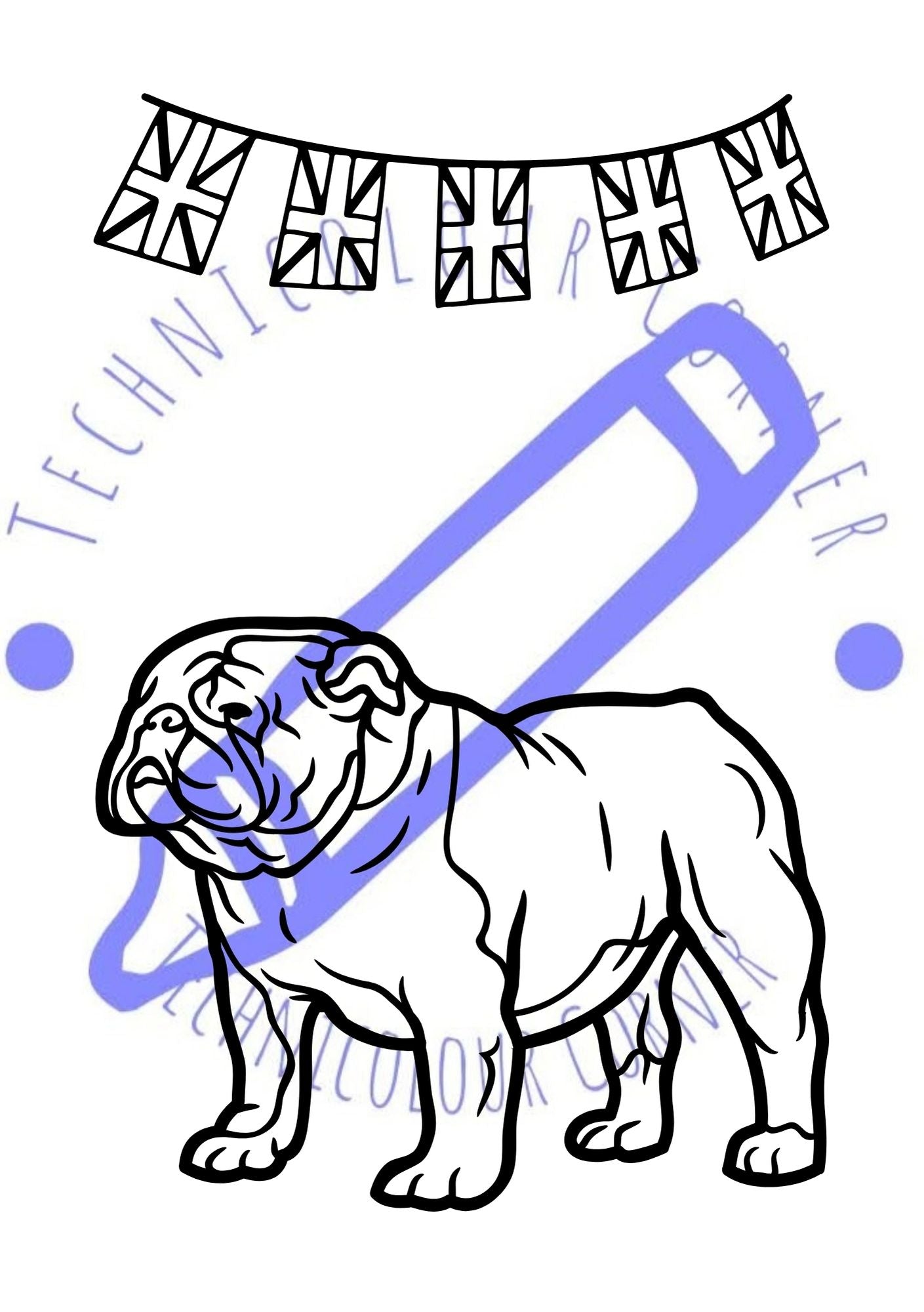 colouring page of british bull dog with flags